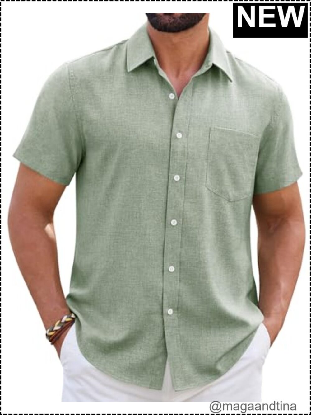 Mens Linen Short Sleeve Button Down Shirt Wrinkle Free Casual Beach Summer Tops